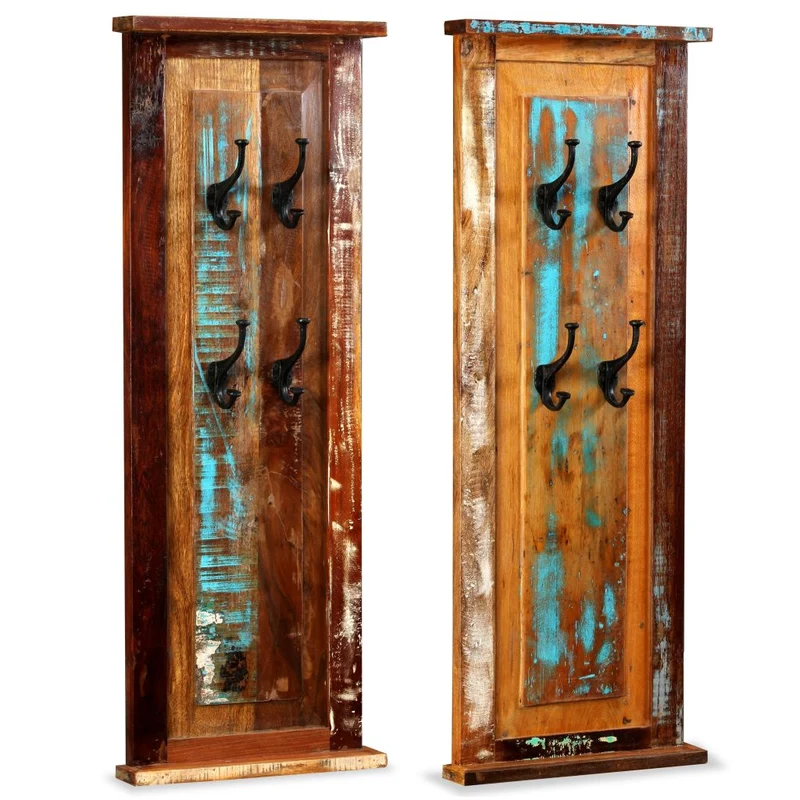 Lot de 2 portes-manteaux en bois de récupération massif avec 4 crochets 38 x 100 cm DEC024192