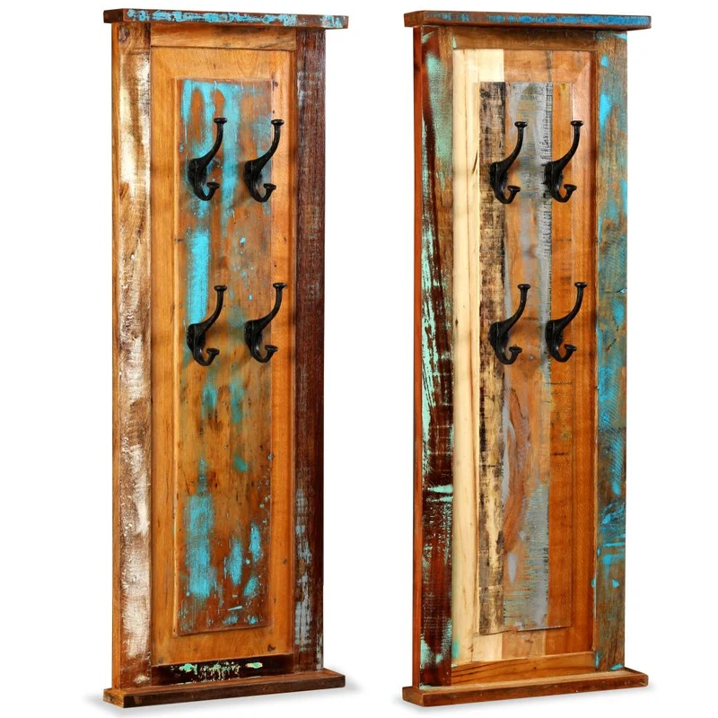 Lot de 2 portes-manteaux en bois de récupération massif avec 4 crochets 38 x 100 cm DEC024192