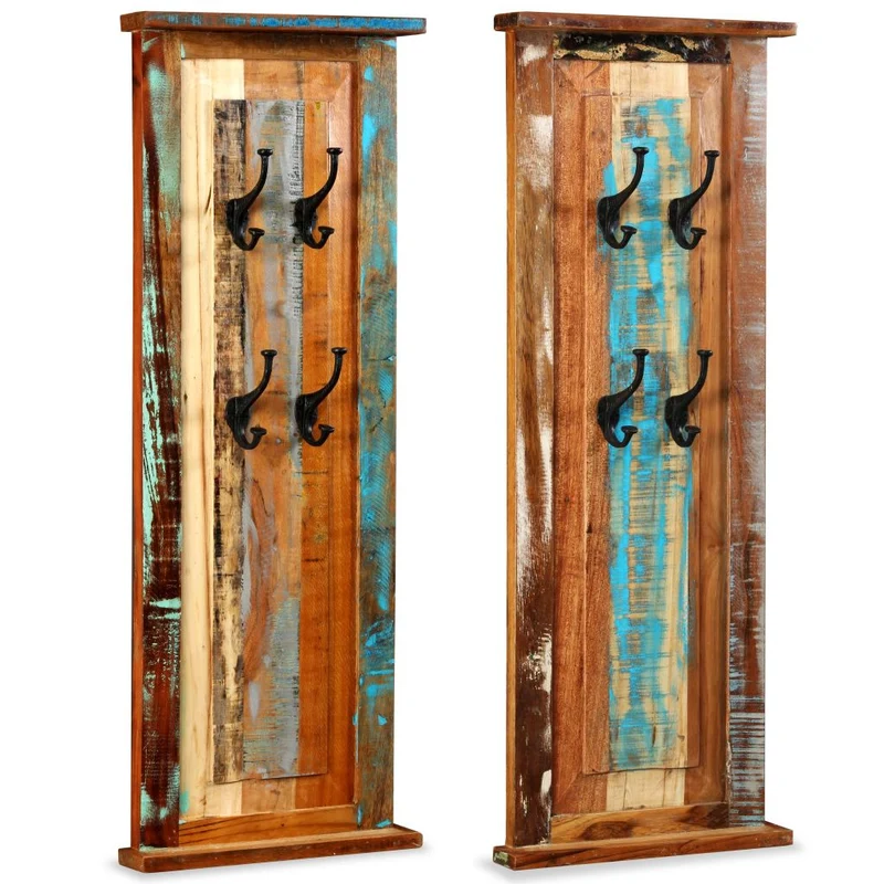 Lot de 2 portes-manteaux en bois de récupération massif avec 4 crochets 38 x 100 cm DEC024192