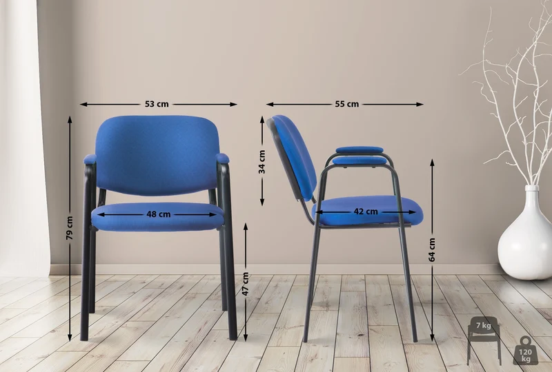 Chaise visiteur avec accoudoirs intégrés zone d'attente en tissu bleu piètement à 4 pieds en métal noir 10_0003384