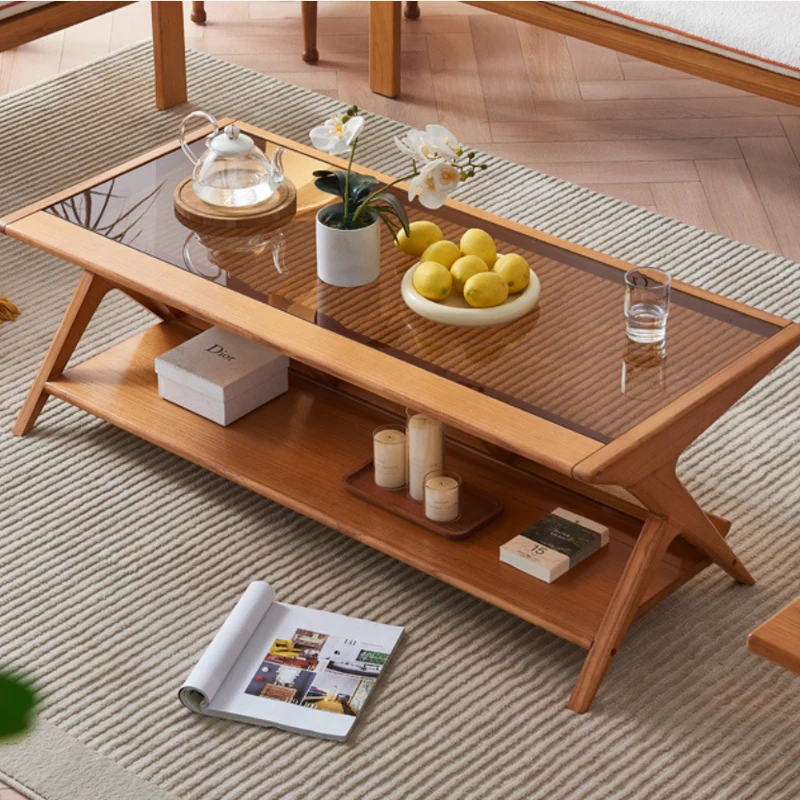 Traditional Japanese Rectangle Triangle Support Glass Ash Wood Rattan End Table 2-Tier For Living Room