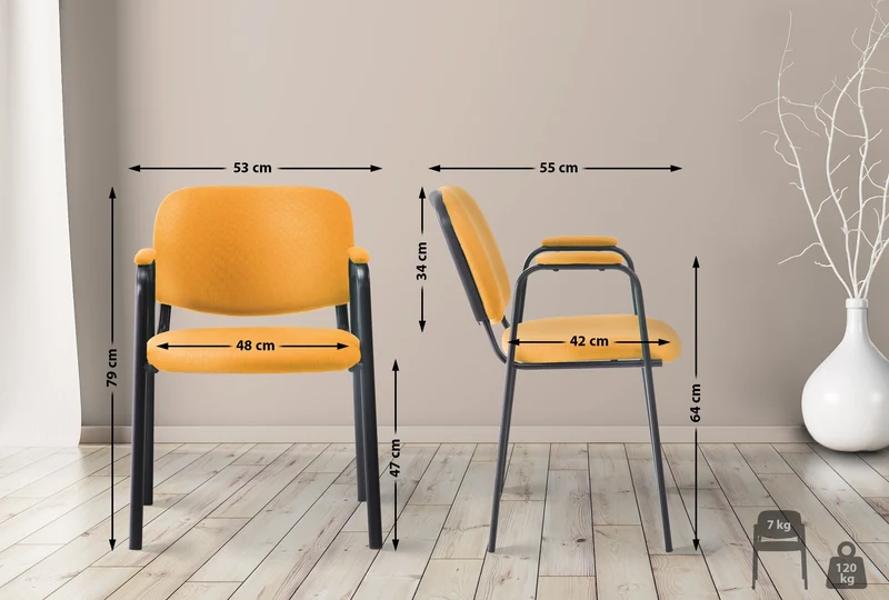 Chaise visiteur avec accoudoirs intégrés zone d'attente en tissu orange piètement à 4 pieds en métal noir 10_0003389