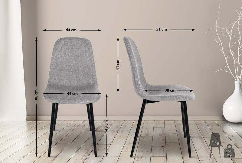 Chaise de salle à manger design simple avec pieds en métal noir assise en tissu gris clair 10_0002074