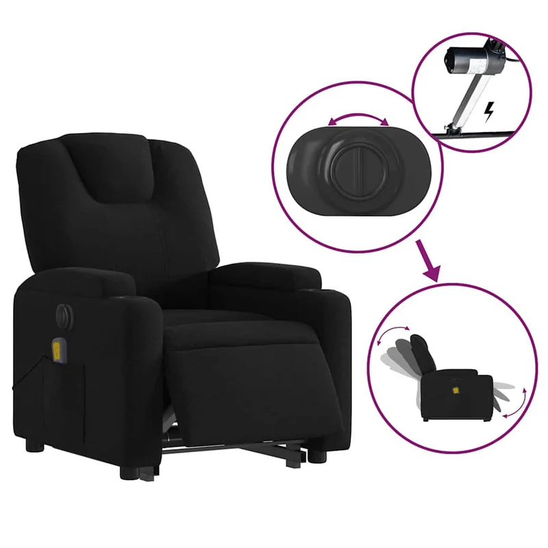 Fauteuil de relaxation fonction massage et inclinable fonction de levage électrique en tissu noir DEC027810