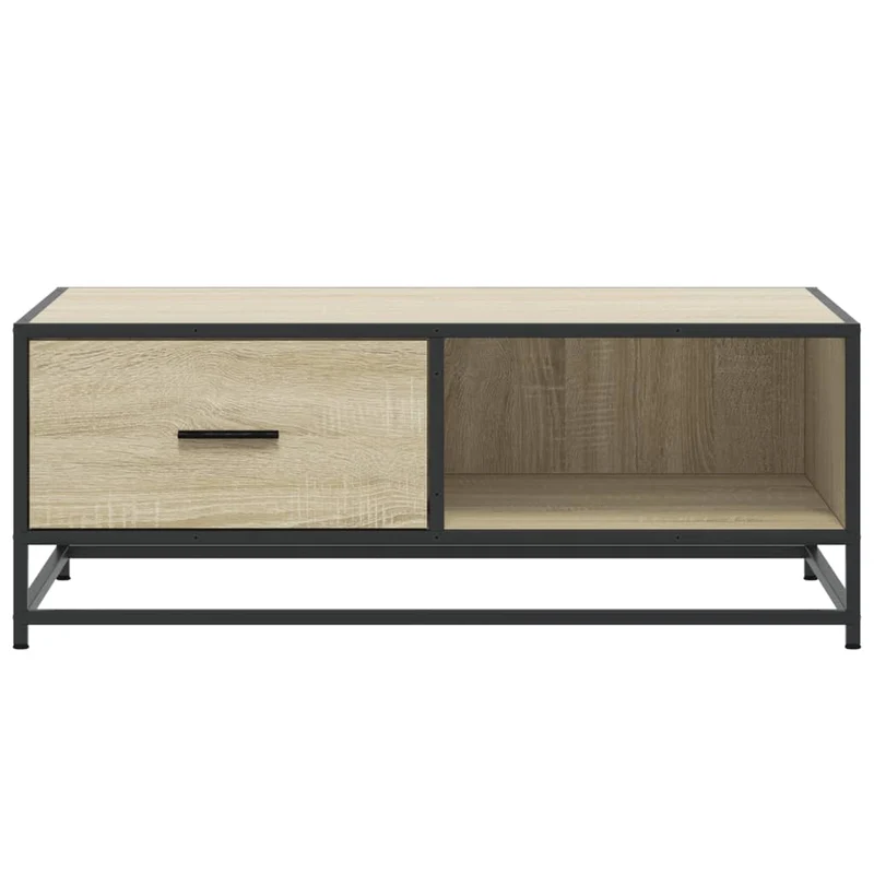 Table basse avec tiroir et compartiment ouvert design industriel 90 x 57 x 35 cm bois d'ingénierie couleur chêne et métal DEC039068