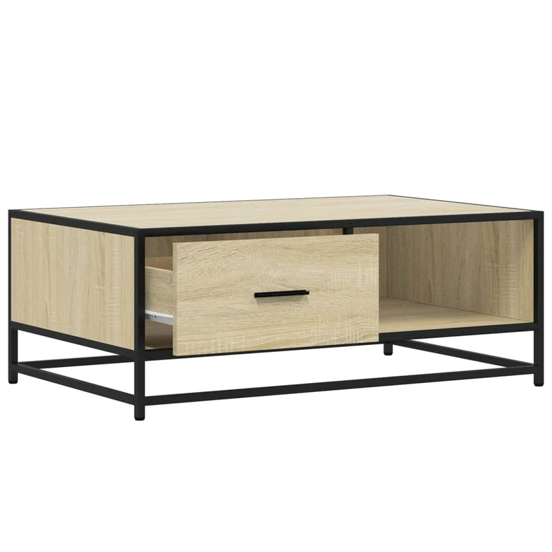 Table basse avec tiroir et compartiment ouvert design industriel 90 x 57 x 35 cm bois d'ingénierie couleur chêne et métal DEC039068
