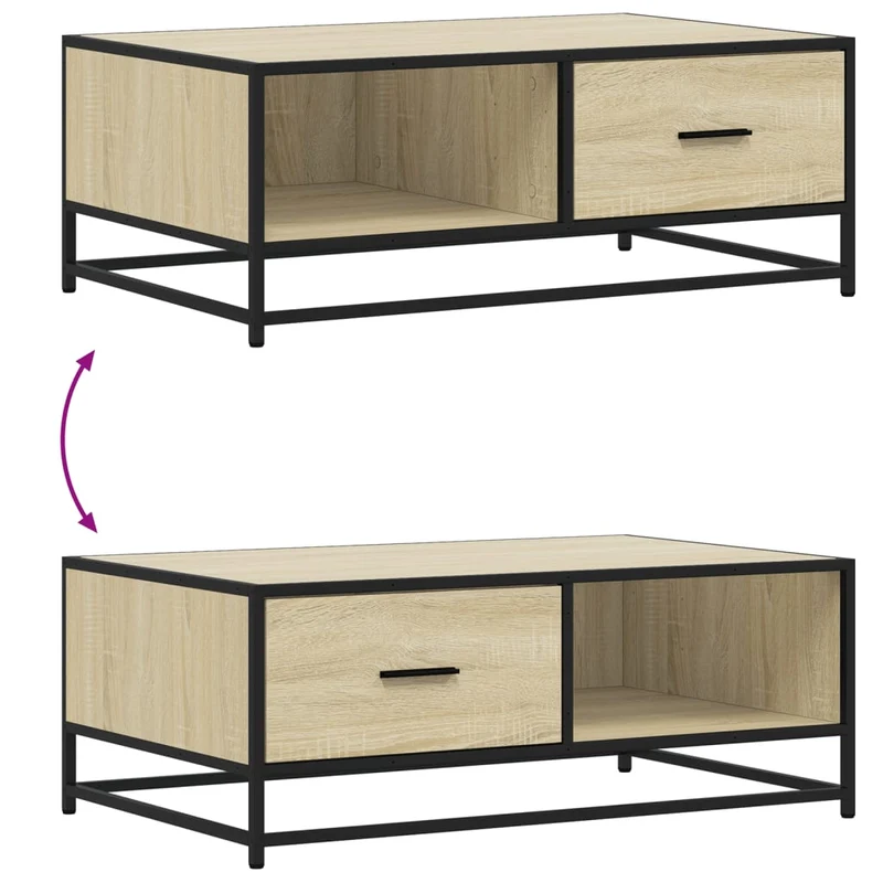 Table basse avec tiroir et compartiment ouvert design industriel 90 x 57 x 35 cm bois d'ingénierie couleur chêne et métal DEC039068
