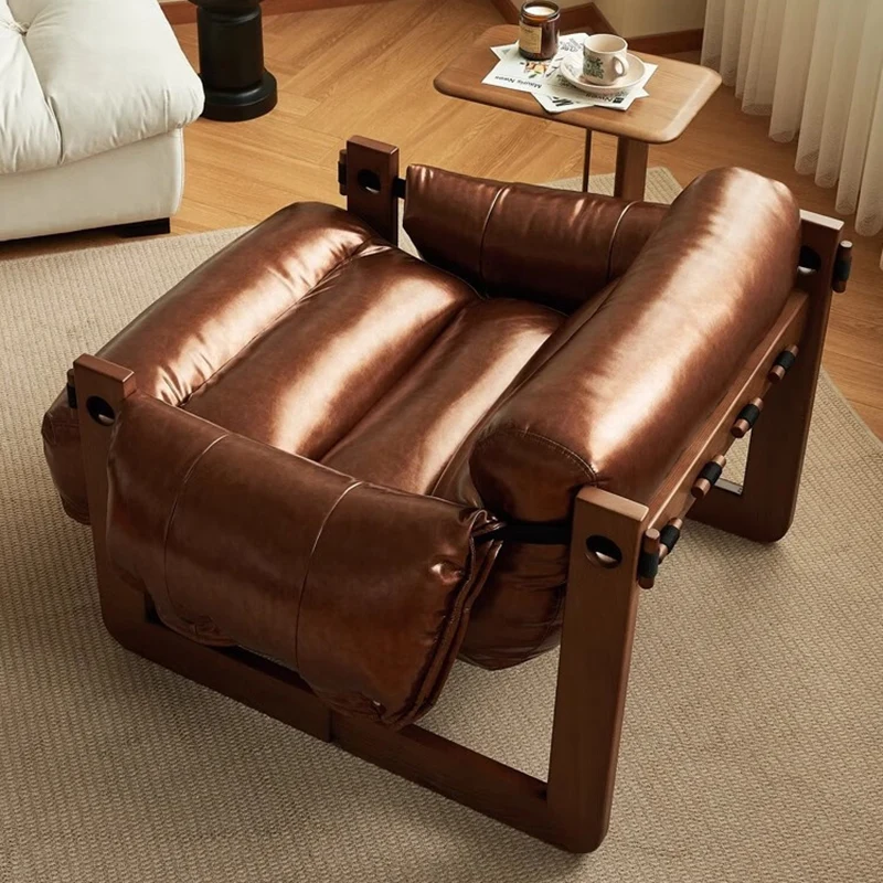 Traditional Vintage Rectangular Rubberwood Faux Oil Wax Leather Accent Chair Backrest Armrest For Living Room