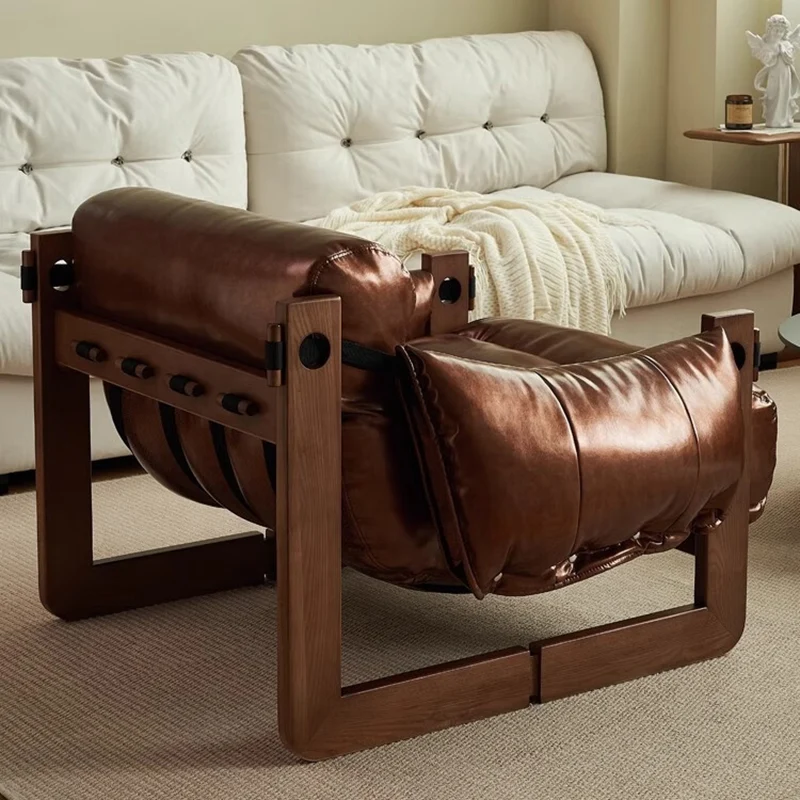 Traditional Vintage Rectangular Rubberwood Faux Oil Wax Leather Accent Chair Backrest Armrest For Living Room