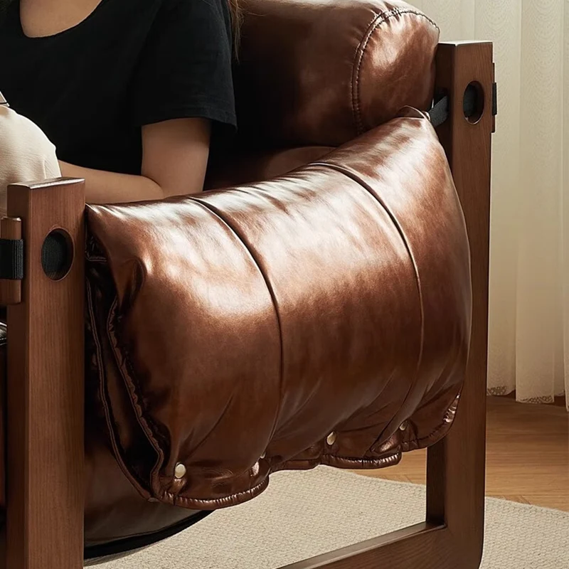 Traditional Vintage Rectangular Rubberwood Faux Oil Wax Leather Accent Chair Backrest Armrest For Living Room
