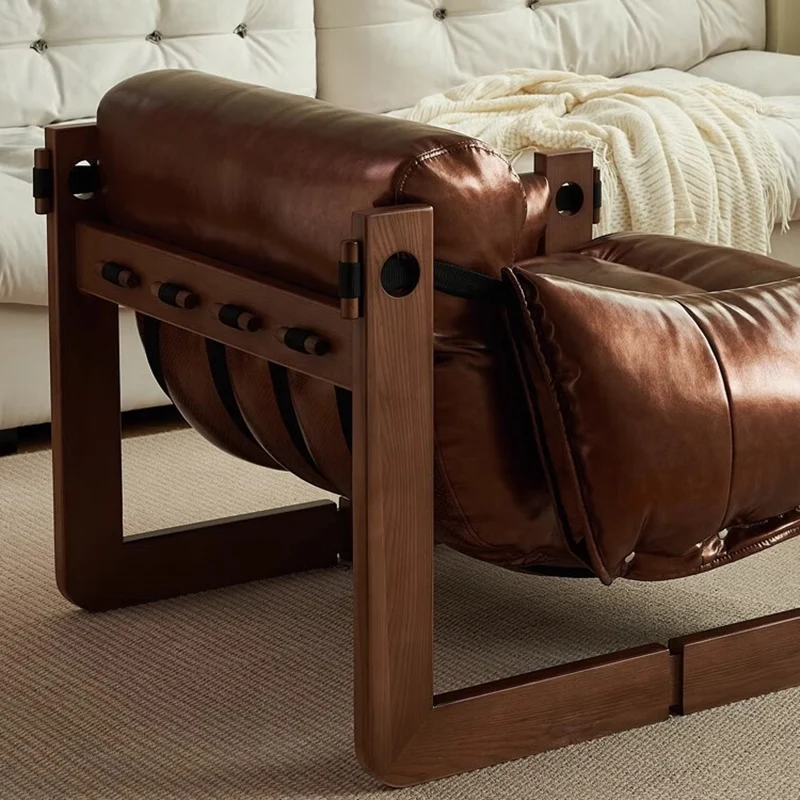 Traditional Vintage Rectangular Rubberwood Faux Oil Wax Leather Accent Chair Backrest Armrest For Living Room