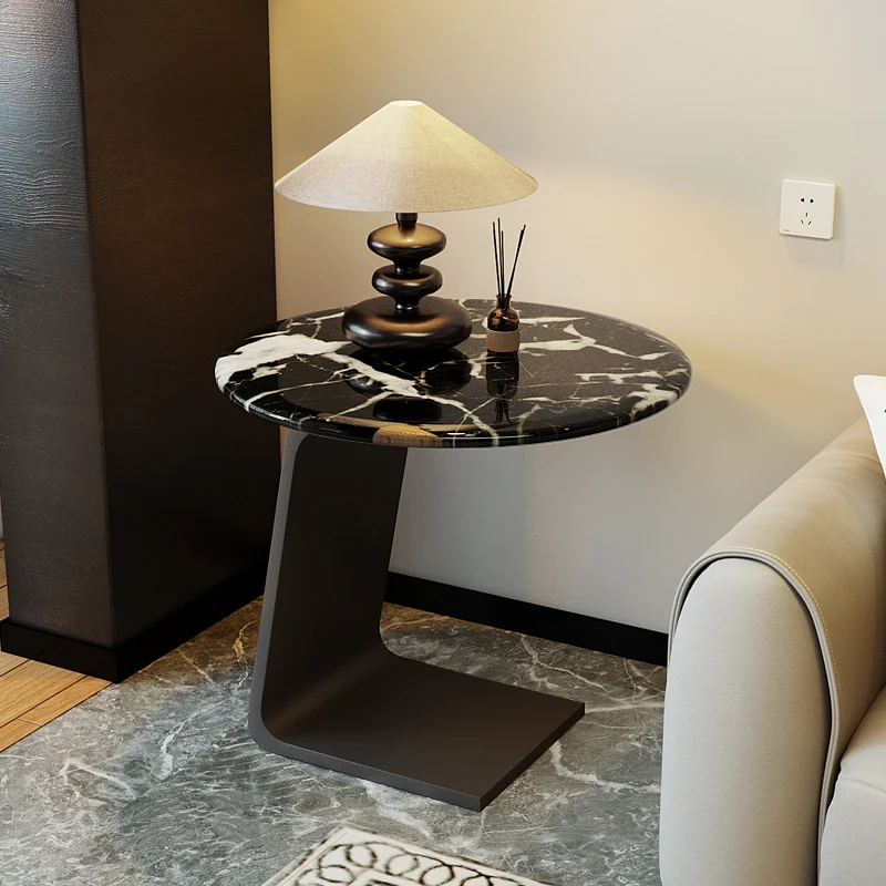 Contemporary Nordic Round Medium Density Fiberboard Glass Acrylic Microcrystalline Stone Carbon Steel Marble End Table 2 - Tier For Living Room