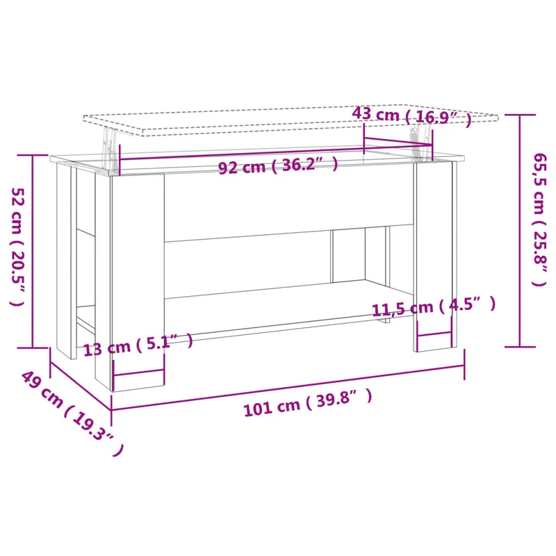 Table basse plateau relevable design moderne et contemporaine 101 x 49 x 52 cm bois d'ingénierie gris DEC039241