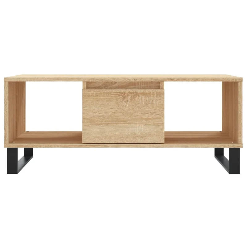 Table basse 2 compartiments et tiroir design moderne et contemporaine 90 x 50 x 36,5 cm bois d'ingénierie couleur chêne et métal DEC039038