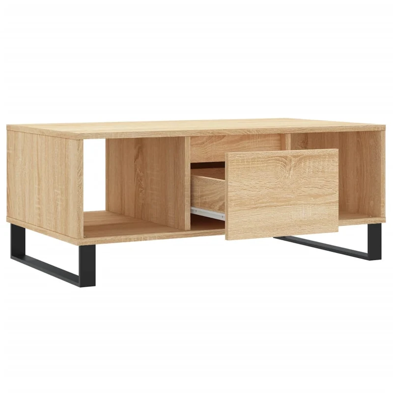 Table basse 2 compartiments et tiroir design moderne et contemporaine 90 x 50 x 36,5 cm bois d'ingénierie couleur chêne et métal DEC039038