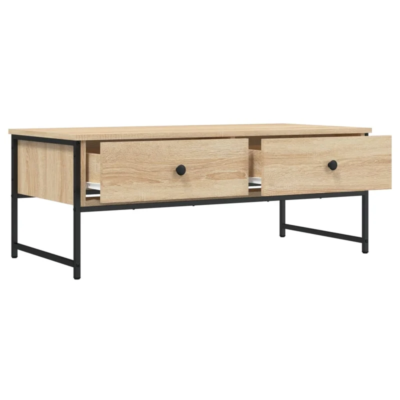Table basse avec deux tiroirs design industriel 101 x 49 x 39,5 cm bois d'ingénierie couleur chêne et métal DEC038887