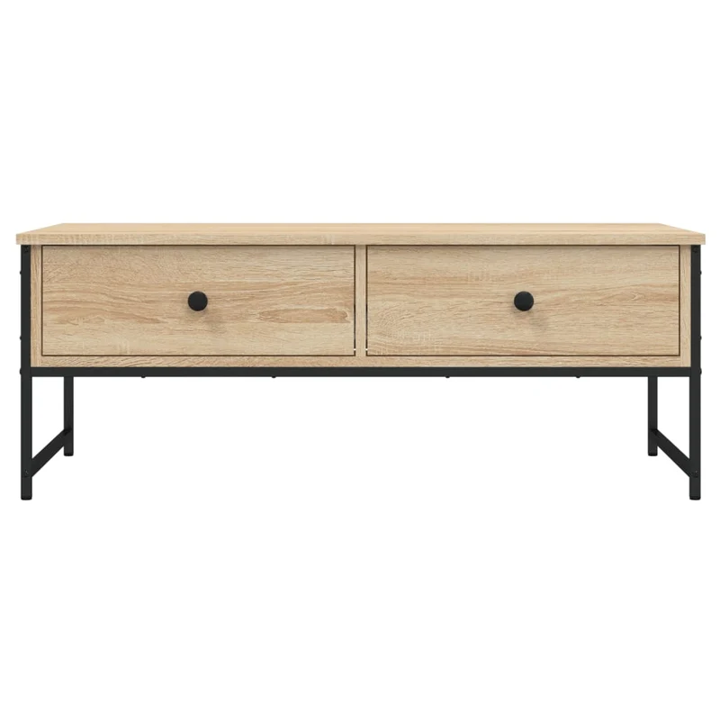 Table basse avec deux tiroirs design industriel 101 x 49 x 39,5 cm bois d'ingénierie couleur chêne et métal DEC038887