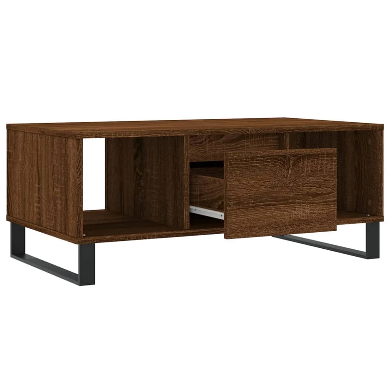 Table basse avec tiroir et deux compartiments ouverts design moderne et contemporaine 90 x 50 x 36,5 cm bois d'ingénierie marron et métal DEC038794
