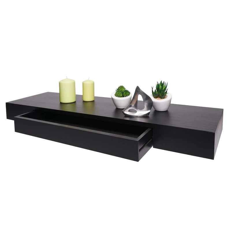 Étagère murale étagère suspendue avec tiroir en bois massif 8x80x25cm noir 04_0005152