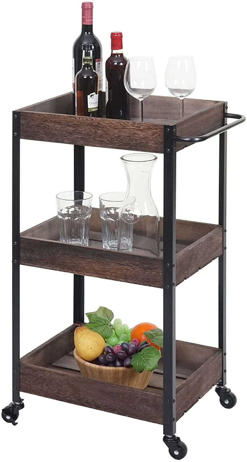 Chariot de service cuisine bar avec 3 niveaux étagères sur roulettes en bois massif shabby marron ETA04057