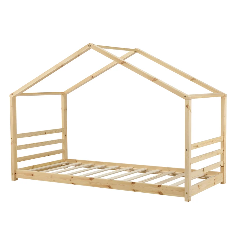 Lit pour enfant cabane maison avec matelas et sommier à lattes bois de pin naturel 90 x 200 cm 03_0005496