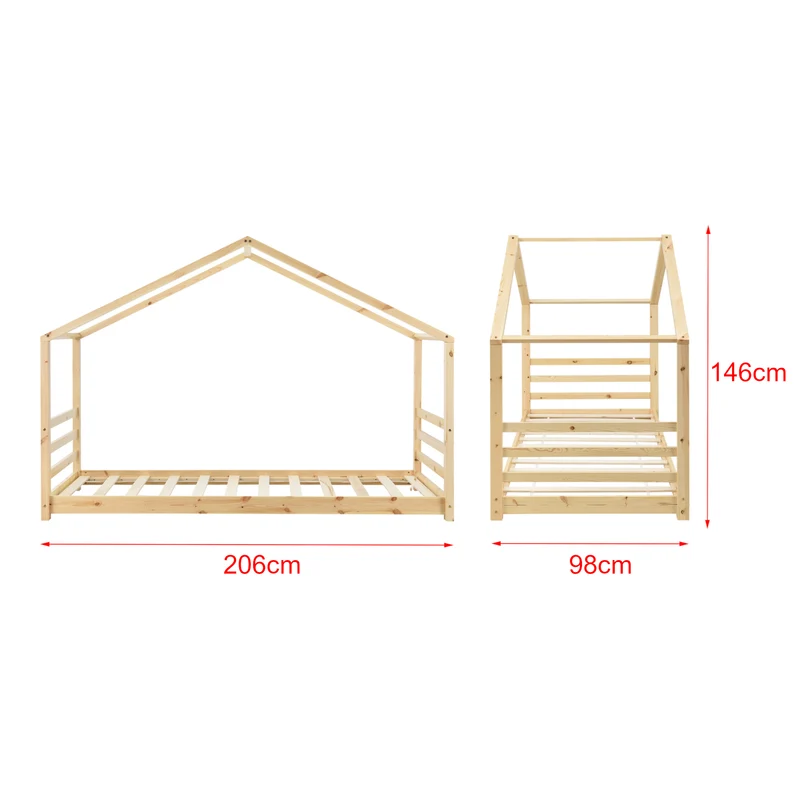 Lit pour enfant cabane maison avec matelas et sommier à lattes bois de pin naturel 90 x 200 cm 03_0005496