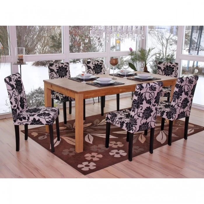 Lot de 6 chaises de salle à manger en tissu imprimé blanc&noir pieds foncés CDS04222