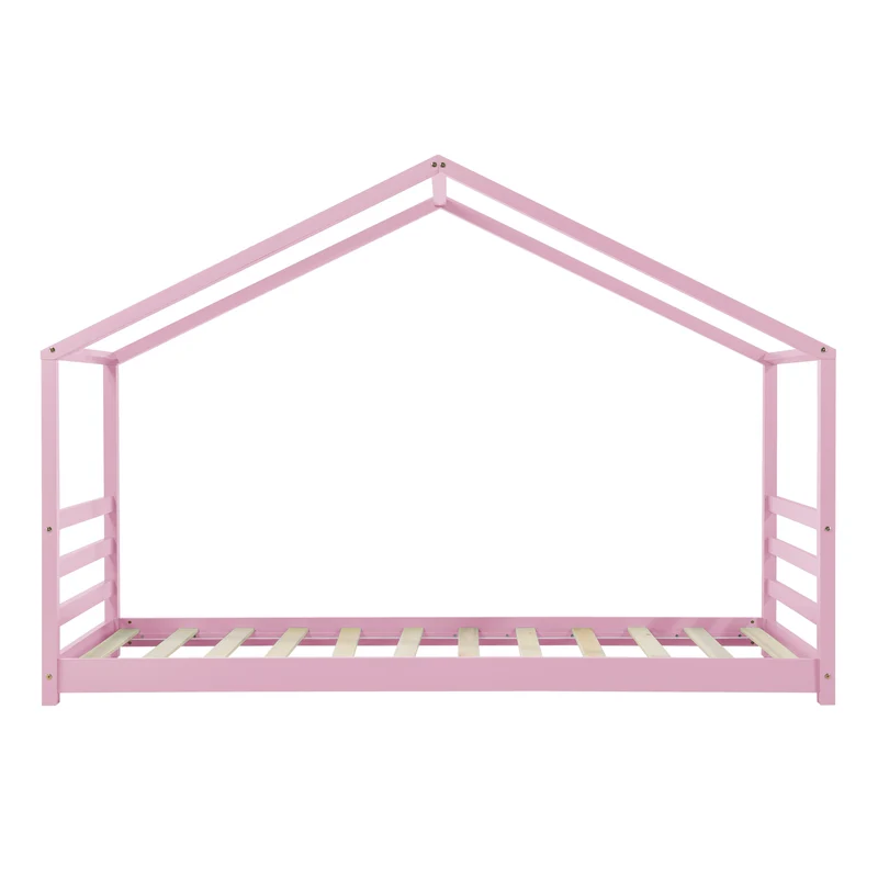 Lit pour enfant cabane maison avec matelas et sommier à lattes en bois de pin rose 90x200 cm 03_0005491