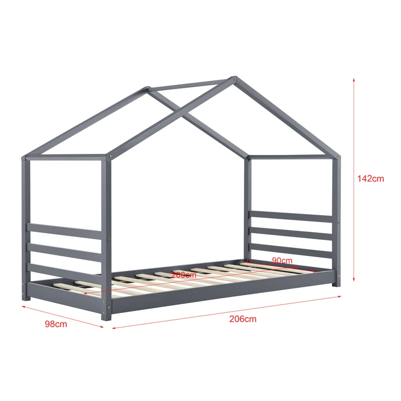 Lit pour enfant cabane maison avec matelas et sommier à lattes en bois de pin gris 90 x 200 cm 03_0005490