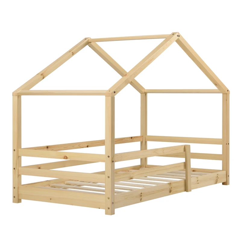 Lit d'enfant design en forme maison cabane avec barrière de protection avec matelas en mousse bois de pin 90x200 cm couleur naturel 03_0005469