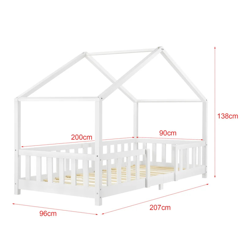 Lit d'enfant design en forme maison avec barrière et matelas en mousse bois de pin contreplaqué 90x200 cm blanc mat laqué 03_0005455