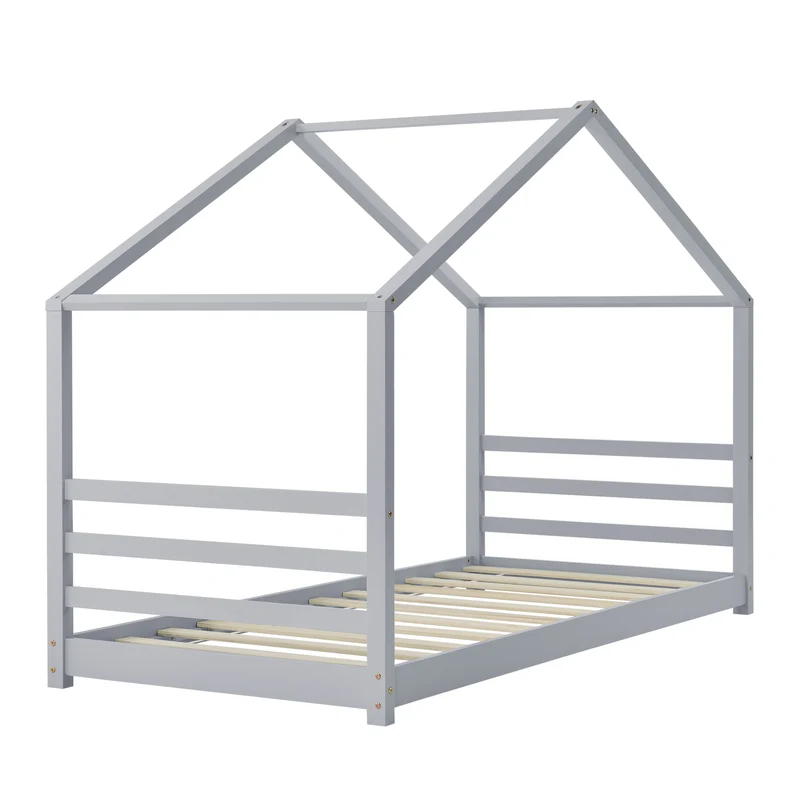 Lit cabane maison pour enfant avec matelas et sommier à lattes bois de pin gris 200 x 90 cm 03_0005534