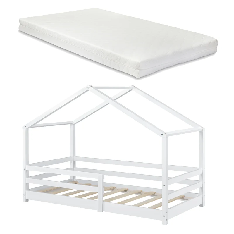 Lit pour enfant cabane maison avec matelas sommier et barrière en bois de pin blanc 90 x 200 cm 03_0005467