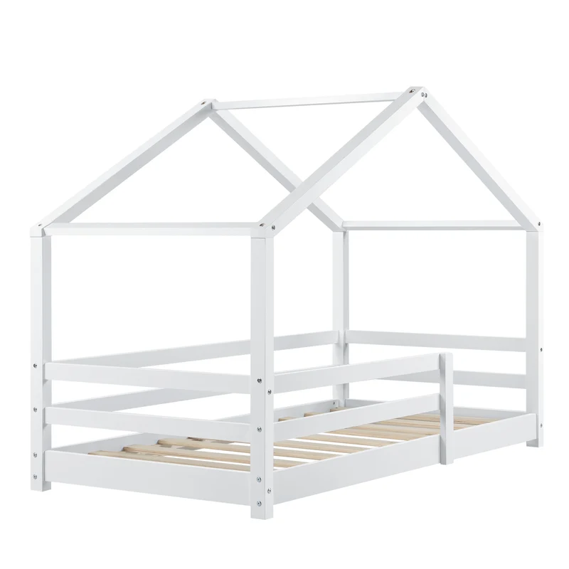 Lit pour enfant cabane maison avec matelas sommier et barrière en bois de pin blanc 90 x 200 cm 03_0005467