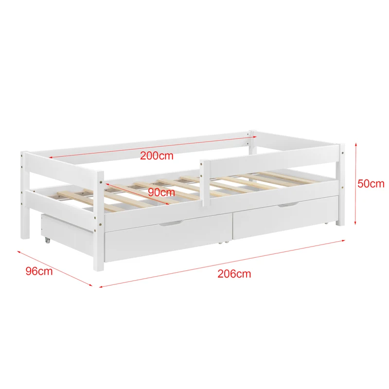 Lit pour enfant avec barrière anti-chute sommier matelas et tiroirs de rangement bois de pin blanc 90 x 200 cm 03_0005421