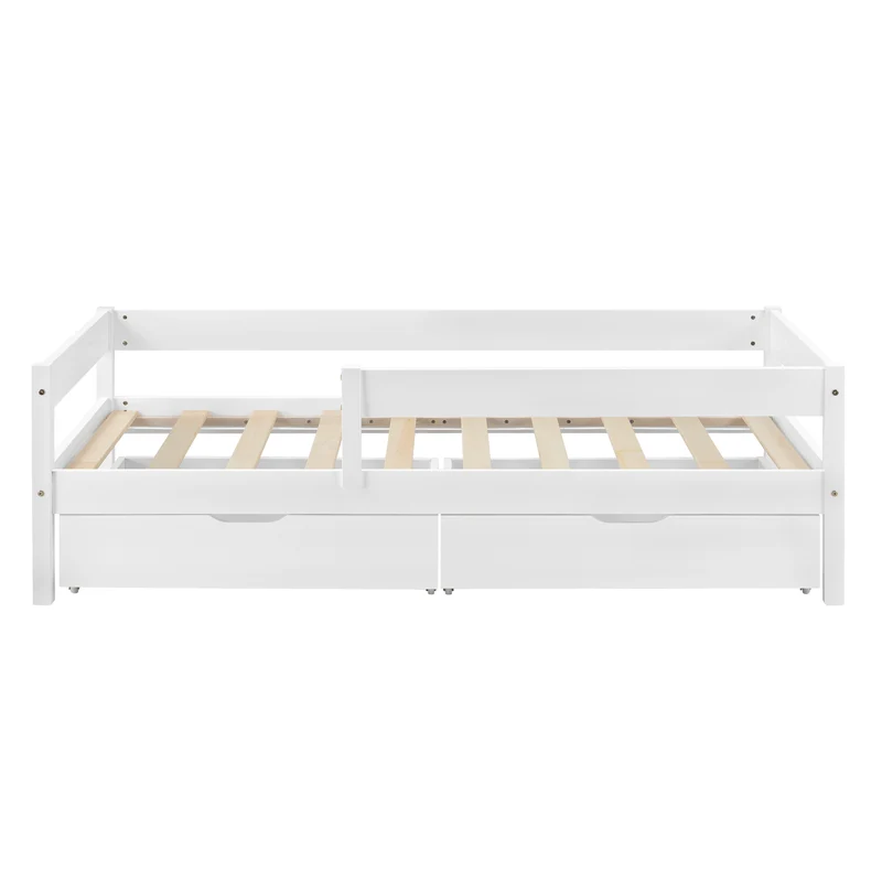 Lit pour enfant avec barrière anti-chute sommier matelas et tiroirs de rangement bois de pin blanc 90 x 200 cm 03_0005421