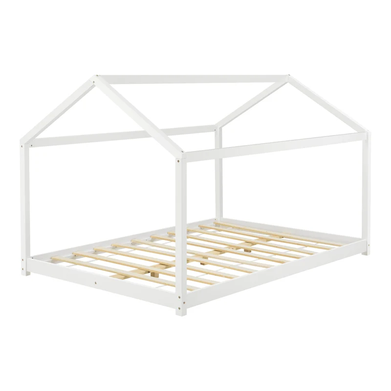 Lit pour enfant cabane maison avec matelas sommier à lattes bois de pin blanc 120 x 200 cm 03_0005509