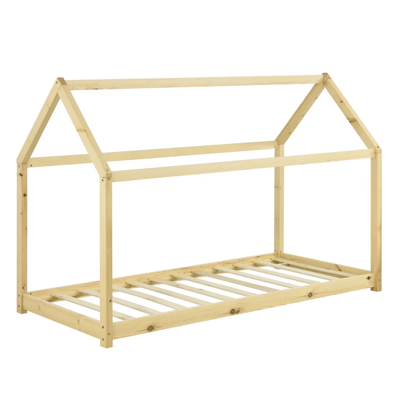 Lit d'enfant cabane maison avec matelas et sommier à lattes en pin bois naturel 90 x 200 cm 03_0002642
