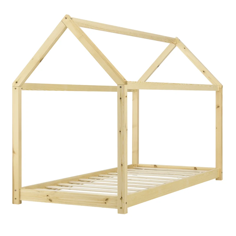 Lit d'enfant cabane maison avec matelas et sommier à lattes en pin bois naturel 90 x 200 cm 03_0002642