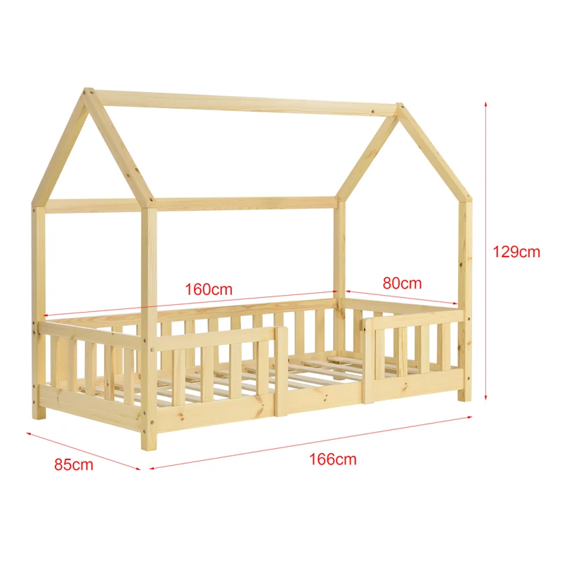 Lit pour enfant cabane maison avec barrière et sommier à lattes en bois de pin naturel 80 x 160 cm 03_0005489