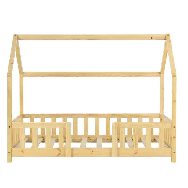 Lit pour enfant cabane maison avec barrière et sommier à lattes en bois de pin naturel 80 x 160 cm 03_0005489