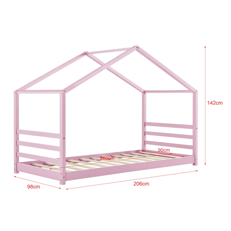 Lit pour enfant cabane maison avec sommier à lattes bois de pin rose 90 x 200 cm 03_0005508