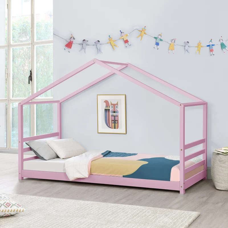 Lit pour enfant cabane maison avec sommier à lattes bois de pin rose 90 x 200 cm 03_0005508