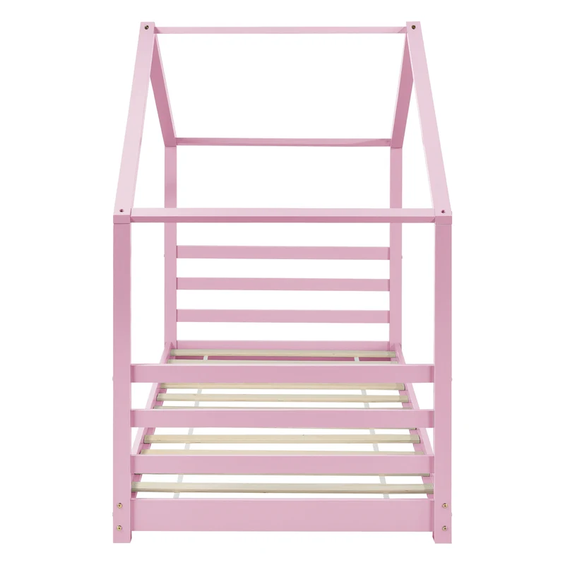 Lit pour enfant cabane maison avec sommier à lattes bois de pin rose 90 x 200 cm 03_0005508