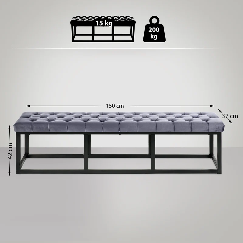 Banquette capitonné bout de lit en tissu velours gris support en métal noir 150 cm BAN10114