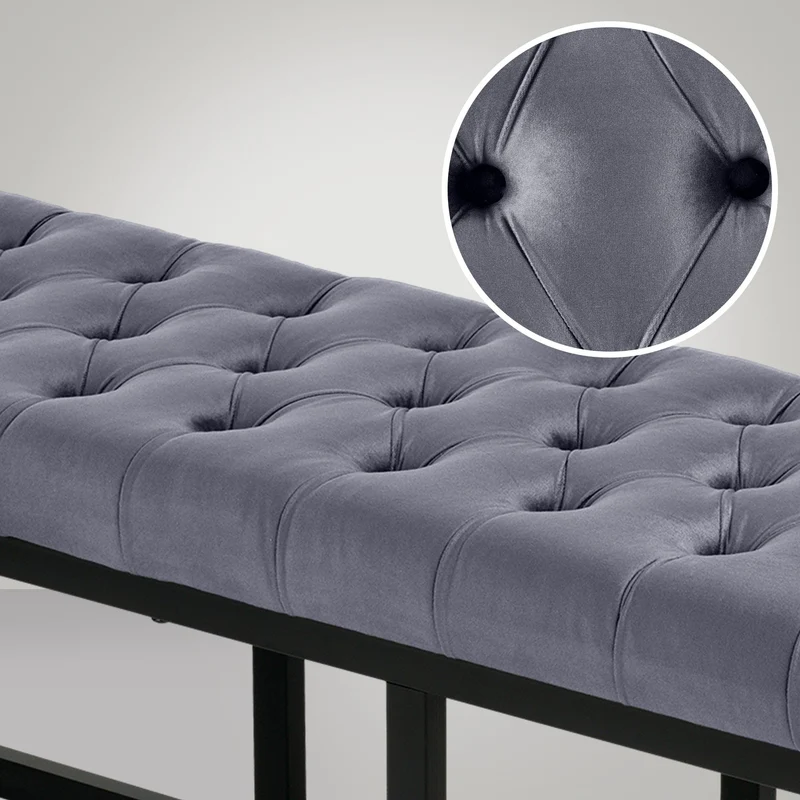 Banquette capitonné bout de lit en tissu velours gris support en métal noir 150 cm BAN10114