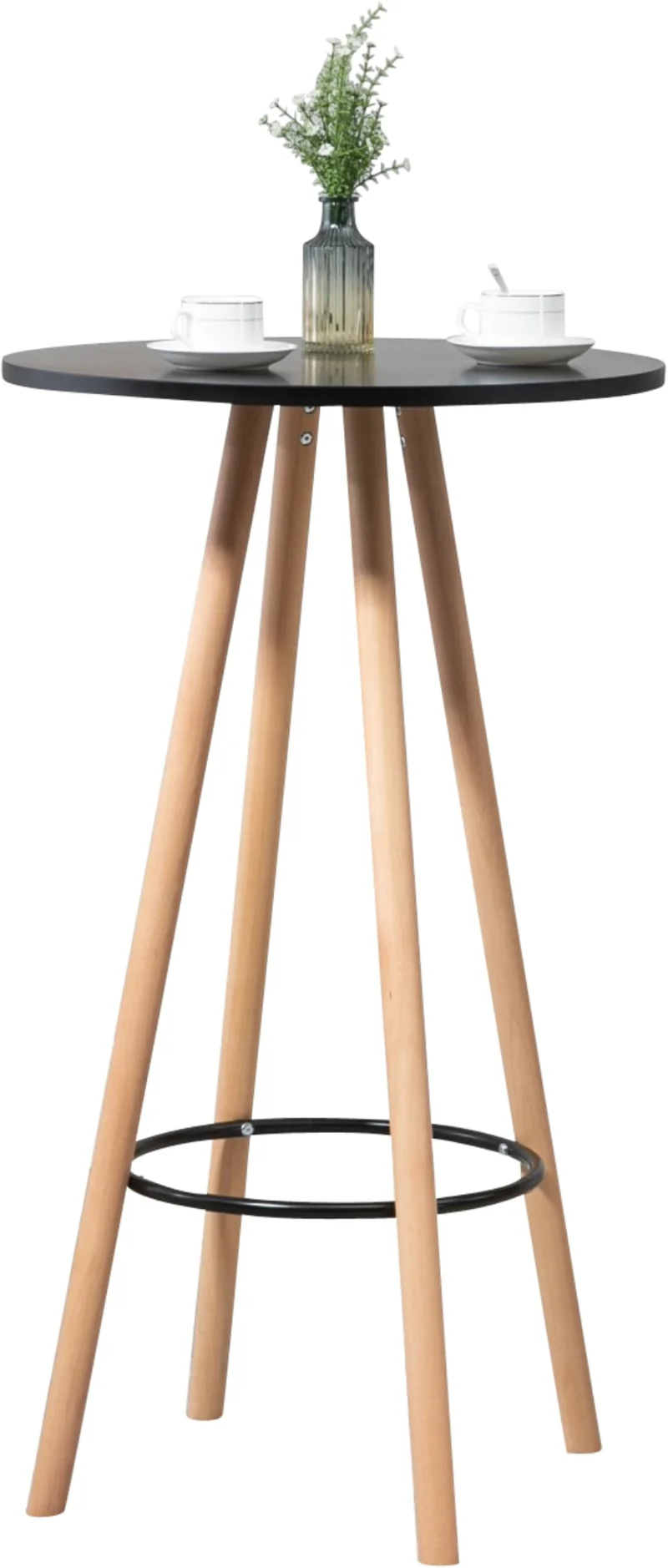 Table haute ronde avec repose-pieds hauteur 107 cm en MDF noir design scandinave TAB10069