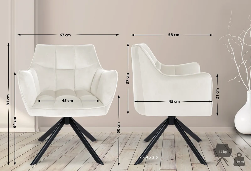 Chaise de salle à manger lounge bureau pivotante avec revêtement en velours crème pieds en acier noir BUR10666