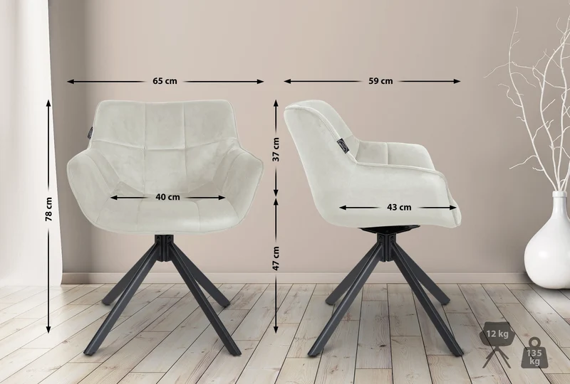 Chaise de salle à manger fauteuil lounge rotatif en velours crème cadre métallique noir BUR10674