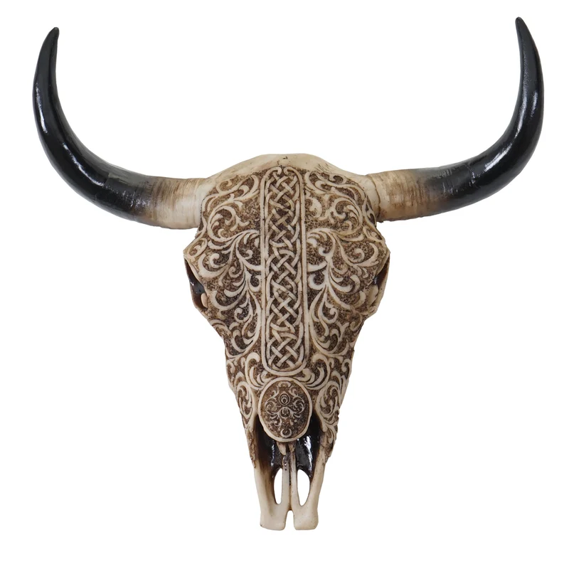 Tête de taureau décoration murale 31 cm trophée longhorn avec tribal en polyrésine intérieur/extérieur naturel 04_0002847